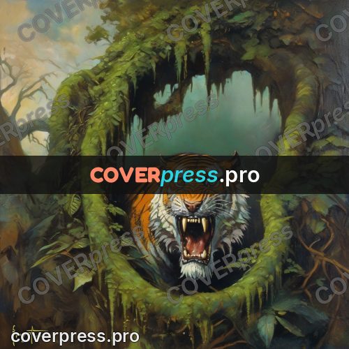 Fantasy illustration: tiger head among the vines