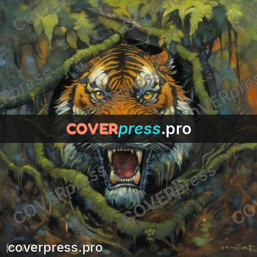 Fantasy illustration: tiger head among the vines