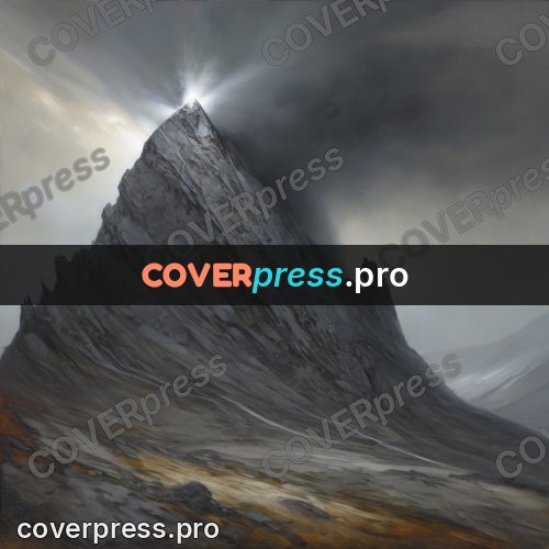 Fantasy illustration: rocky peak in storm clouds