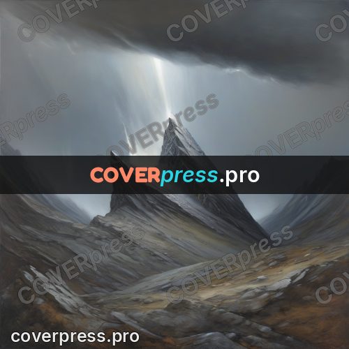 Fantasy illustration: rocky peak in storm clouds