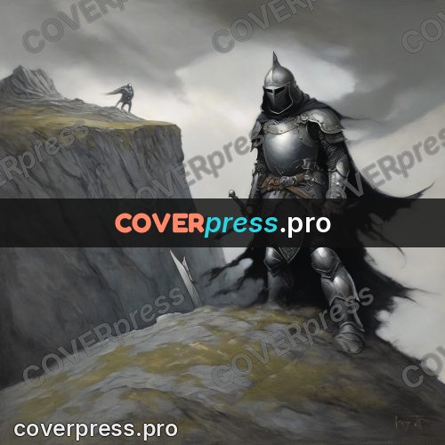 Fantasy illustration: armoured warrior on a cliff