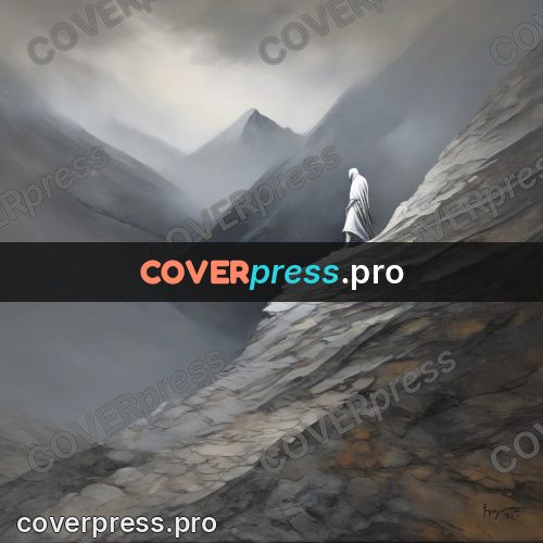 Fantasy illustration: cloaked figure on the rocks