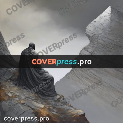 Fantasy illustration: cloaked figure on the rocks