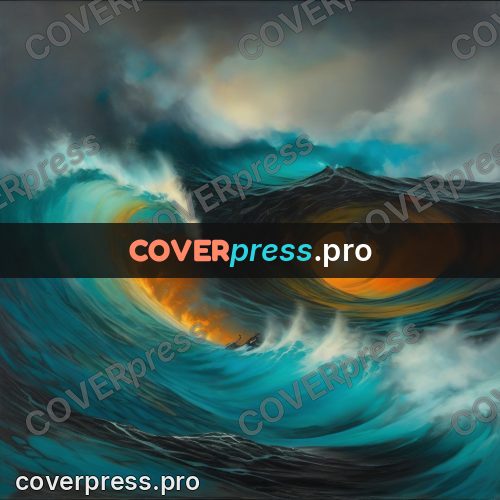 Fantasy illustration: huge wave with fiery light