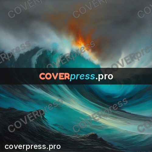 Fantasy illustration: huge wave with fiery light
