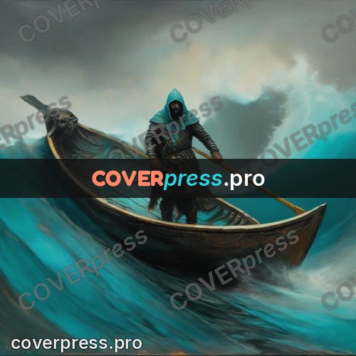 Fantasy illustration: rower in a boat on waves