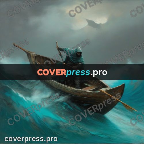 Fantasy illustration: rower in a boat on waves