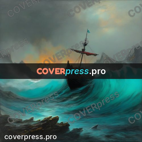Fantasy illustration: longboat on turquoise waves