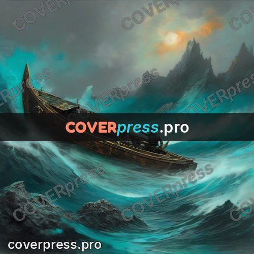 Fantasy illustration: longboat on turquoise waves