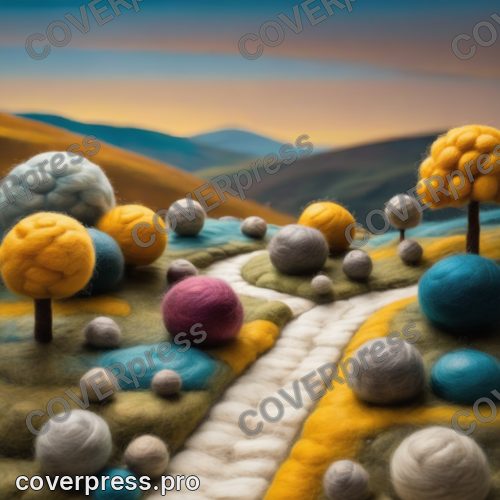 В стиле Войлок: тропа выводит на перевал между двумя медовыми грядами, за ними кремовое войлочное небо
