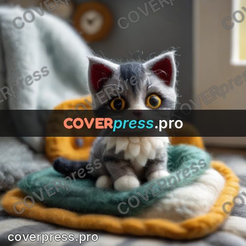 Wool painting: grey kitten indoors