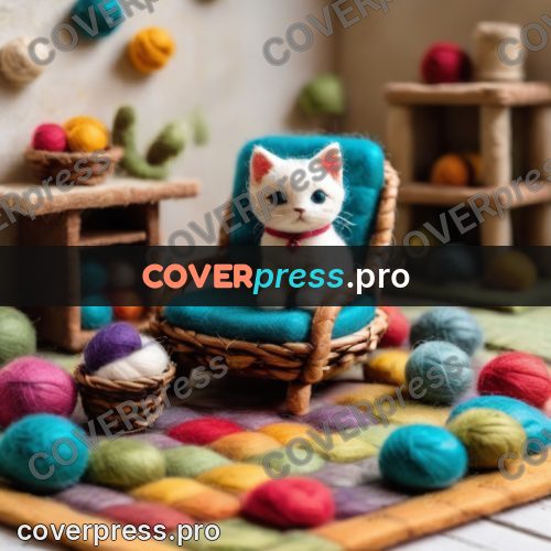 Wool painting: kitten in a room with yarn