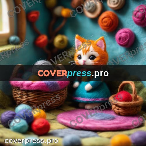 Wool painting: kitten in a room with yarn