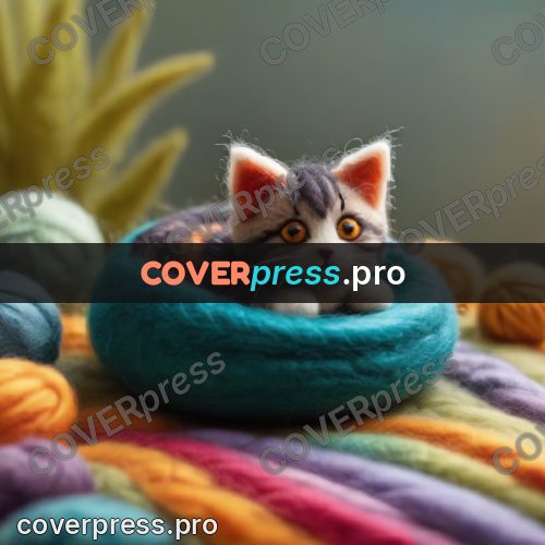 Wool painting: kitten lying among yarn balls