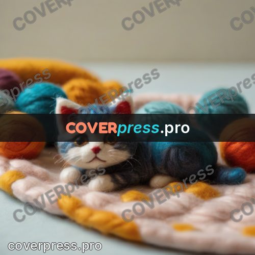 Wool painting: kitten lying among yarn balls