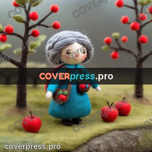 Wool painting: granny in an apple orchard