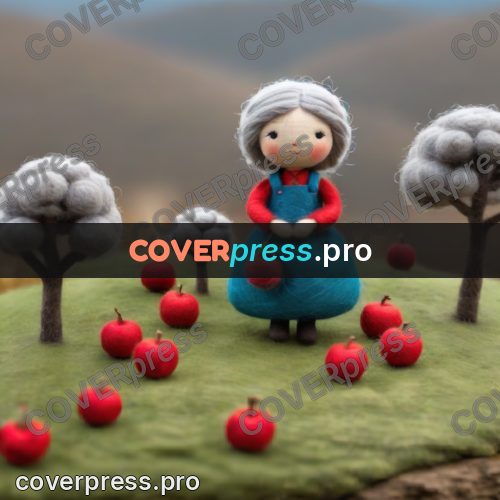Wool painting: granny in an apple orchard