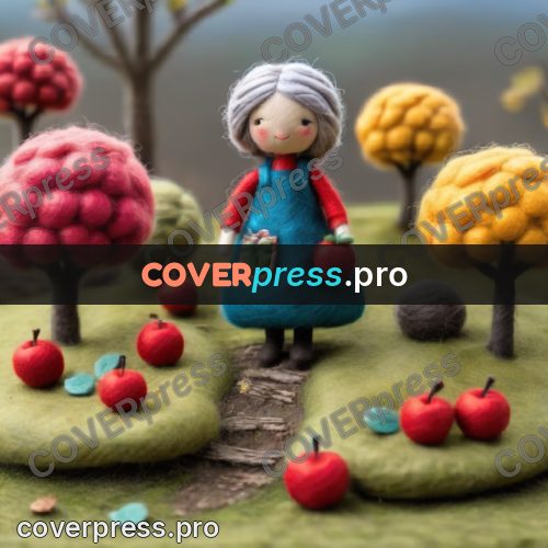 Wool painting: granny in an apple orchard