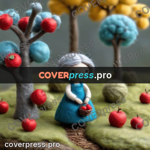 Wool painting: granny in an apple orchard