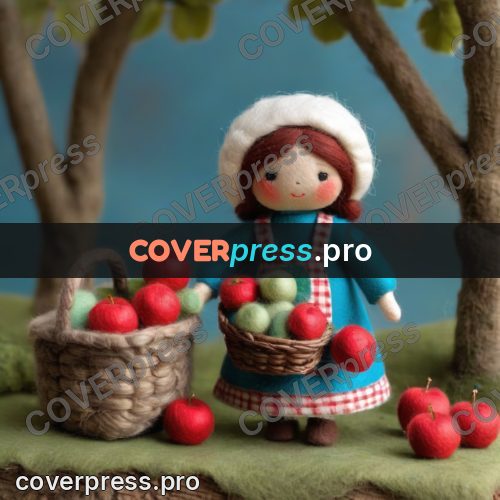 Wool painting: doll with a basket of apples