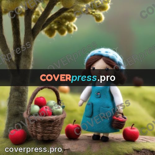 Wool painting: doll with a basket of apples