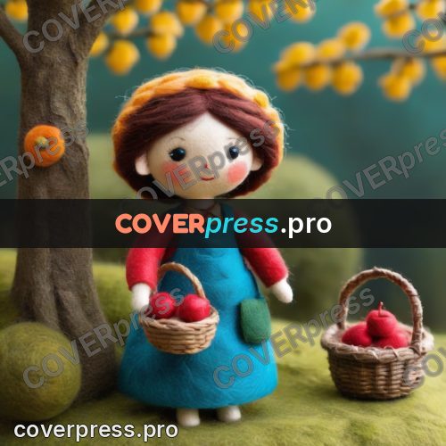 Wool painting: doll with a basket of apples