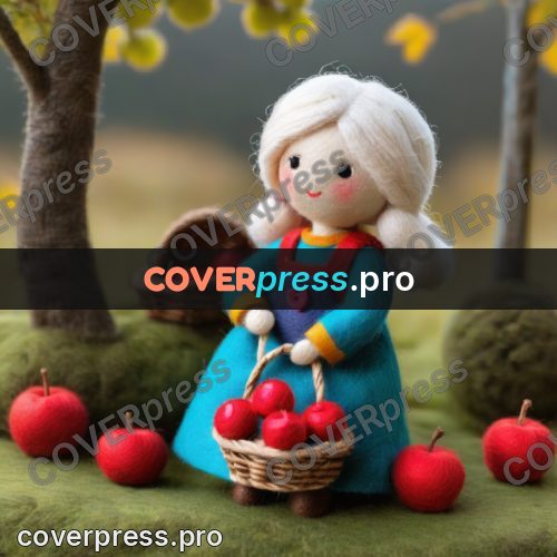 Wool painting: doll with a basket of apples