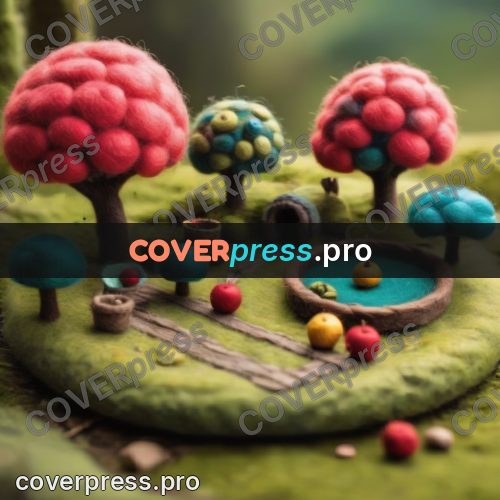 Wool painting: round garden with apples