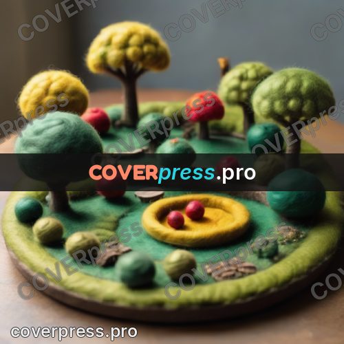 Wool painting: round garden with apples