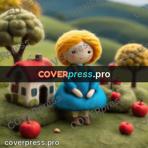 Wool painting: doll by a cottage with apples