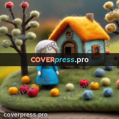 Wool painting: doll by a cottage with apples