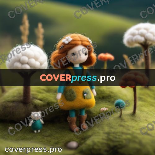Wool painting: doll in a pinafore outdoors