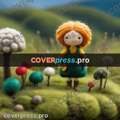 Wool painting: doll in a pinafore outdoors