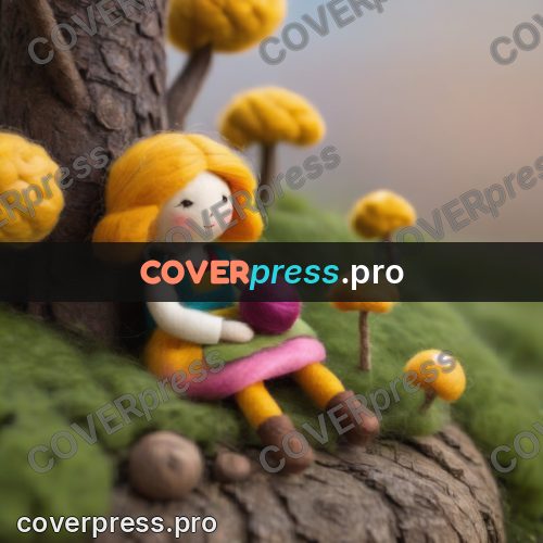 Wool painting: doll sitting among mushrooms