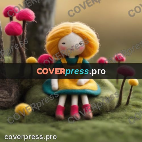 Wool painting: doll sitting among mushrooms