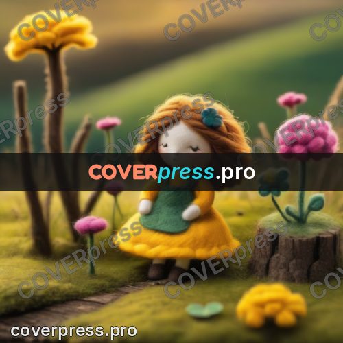 Wool painting: doll among yellow flowers