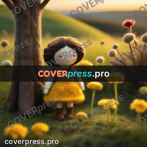 Wool painting: doll among yellow flowers