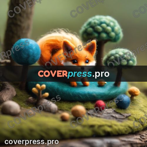Wool painting: fox cub by a round tree
