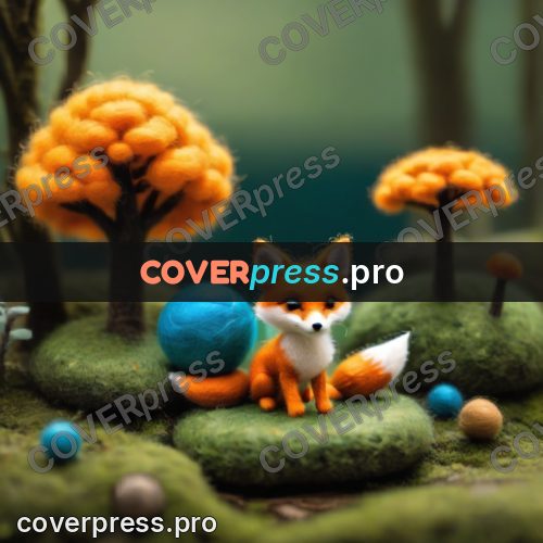 Wool painting: fox cub by a round tree