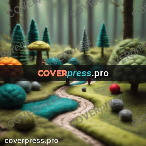 Wool painting: wood with a path and stream