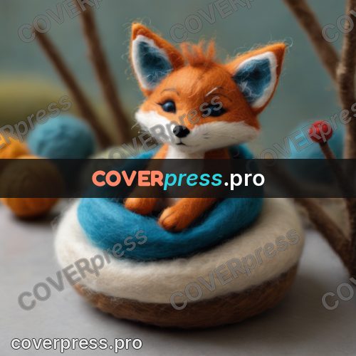 Wool painting: fox cub sitting facing us