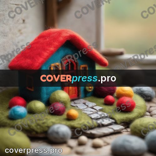 Wool painting: blue cottage with a scarlet roof