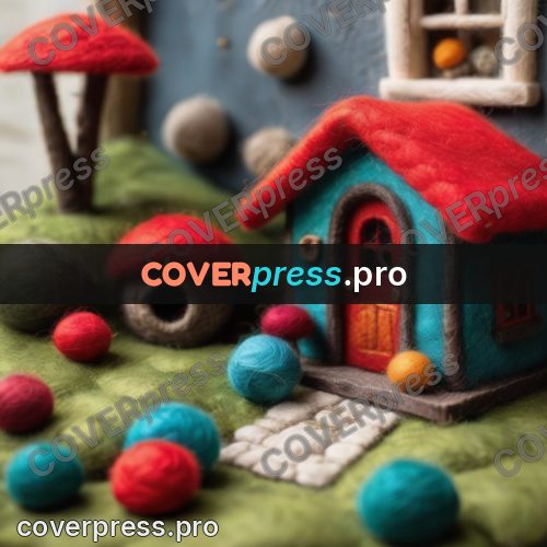Wool painting: blue cottage with a scarlet roof