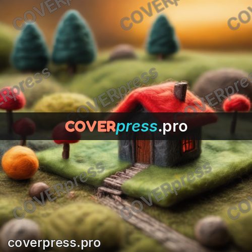 Wool painting: cottage among round trees