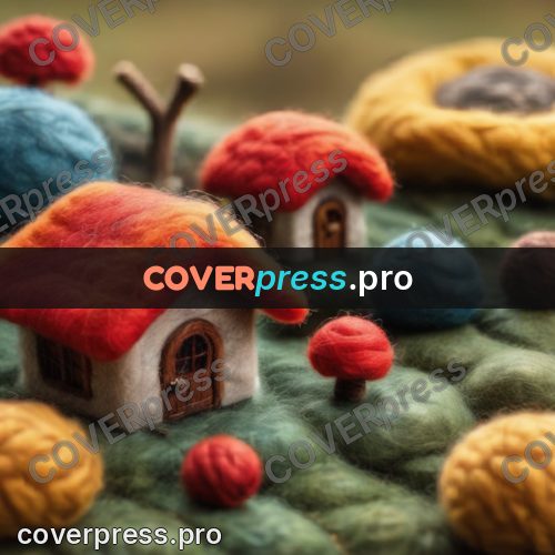Wool painting: cottage among round trees