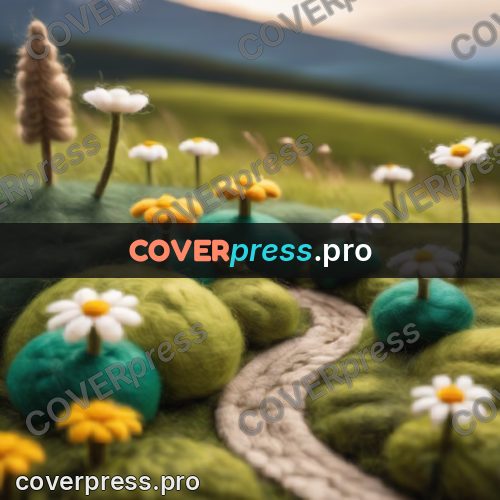 Wool painting: path among daisies and tussocks