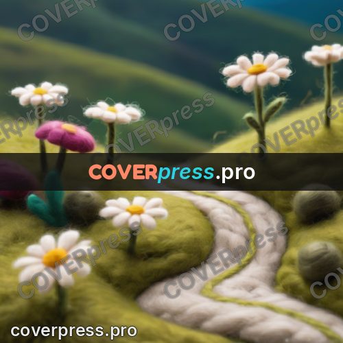 Wool painting: path among daisies and tussocks