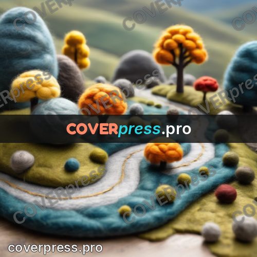 Wool painting: grey boulder by a winding road