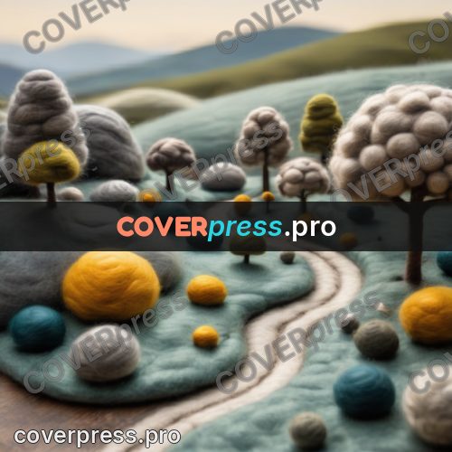 Wool painting: grey boulder by a winding road