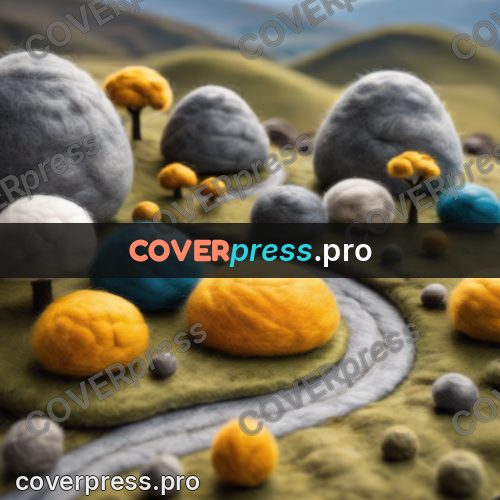 Wool painting: grey boulder by a winding road